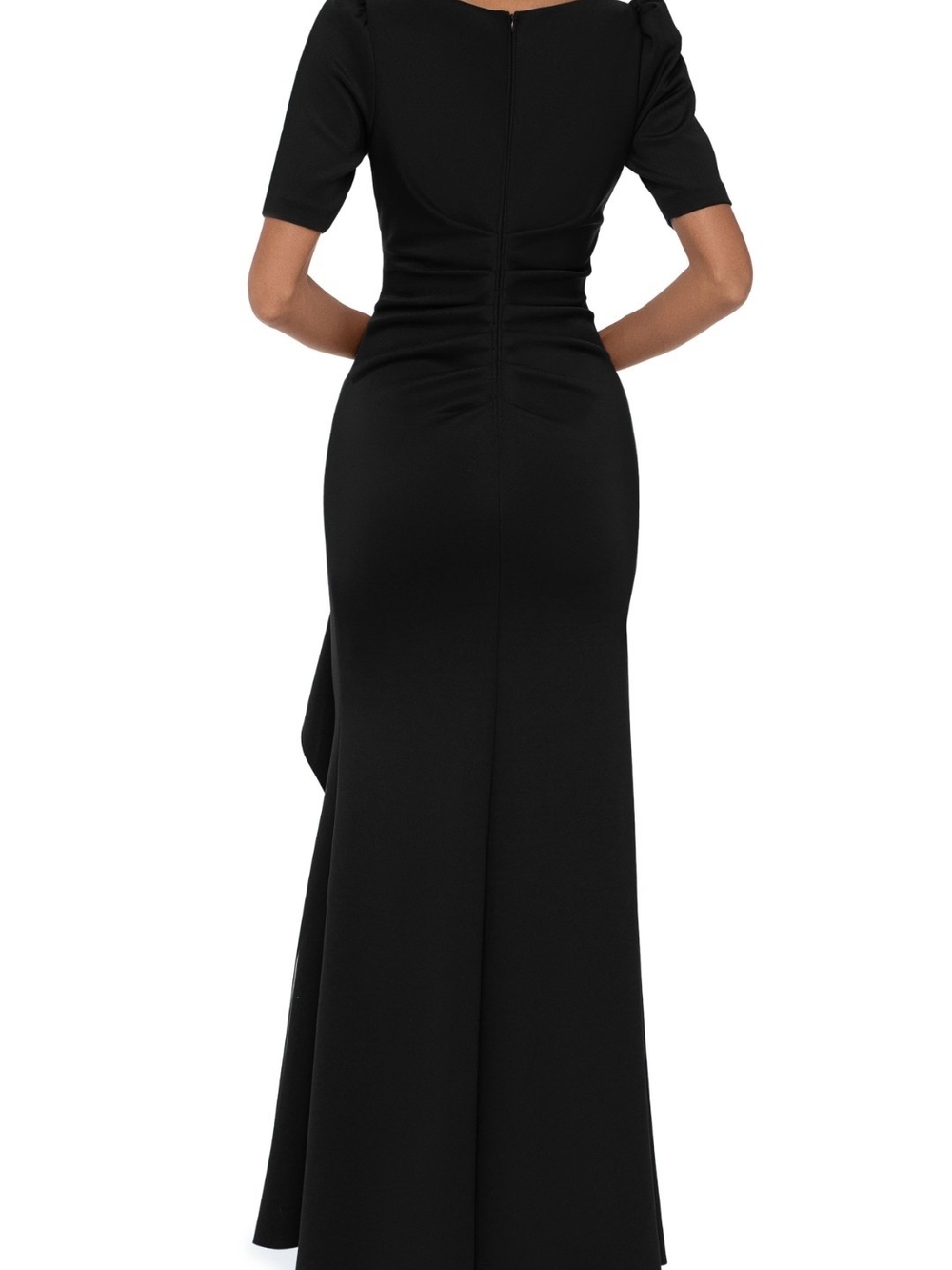 Xscape Black Ruched Scuba Ruffle Gown | Puff Sleeve | Size 10 | MSRP $218 READ - Picture 2 of 7